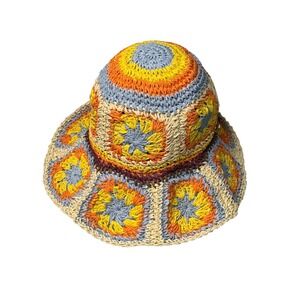 Peter Grimm Fergie Granny Square Crochet Floral Raffia Hat Boho Summer Pura Vida